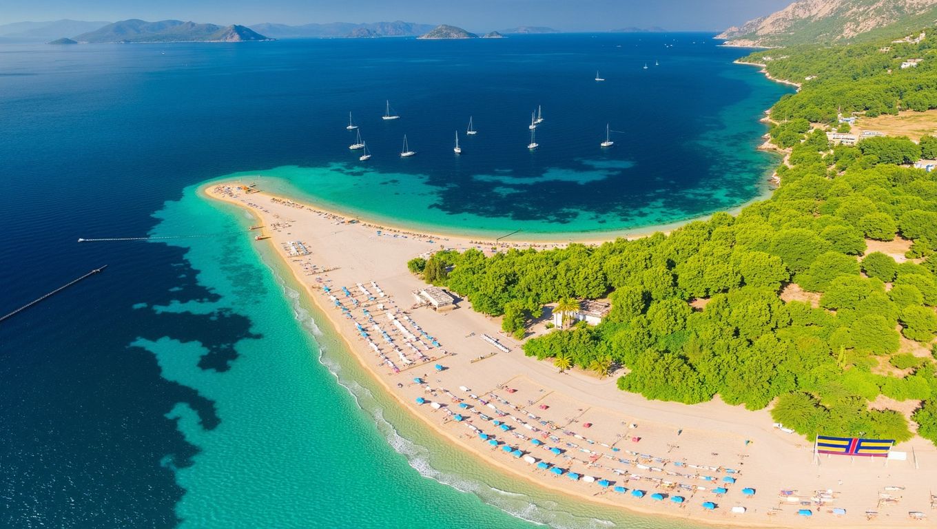 Zračni pogled na pješčanu uvalu i jedrilice na otoku Braču